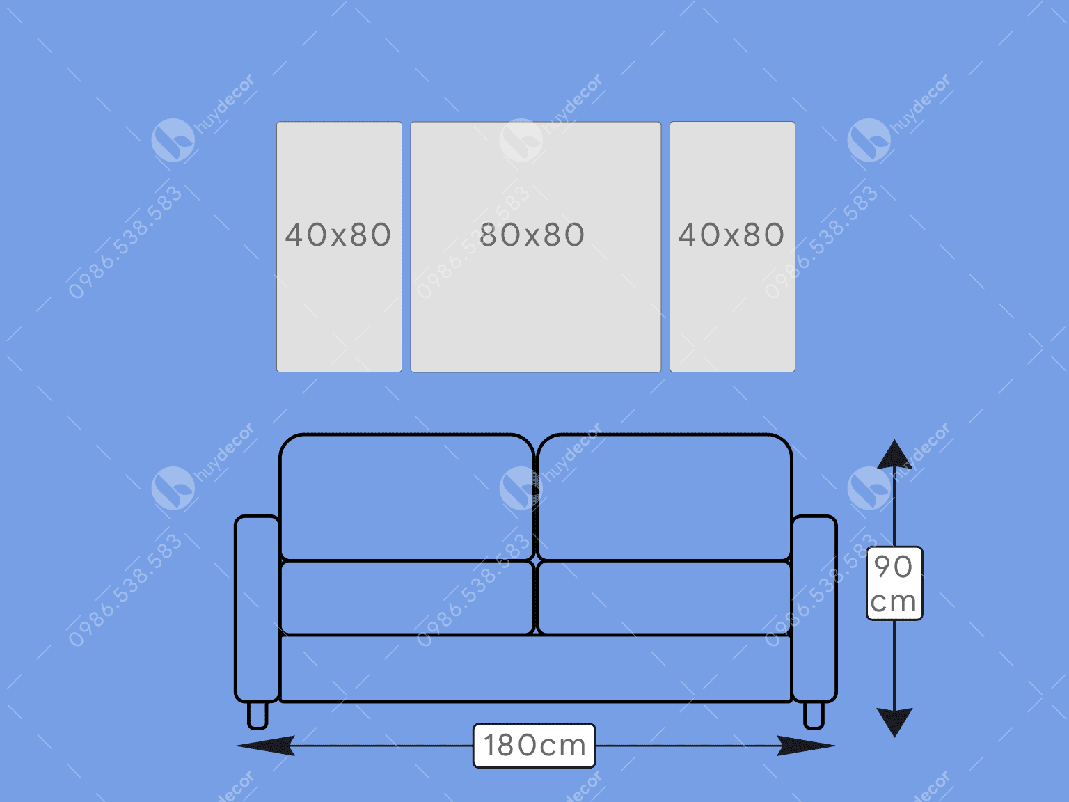 Tranh treo tường 3 bức 40x80 - 80x80 - 40x80 cm